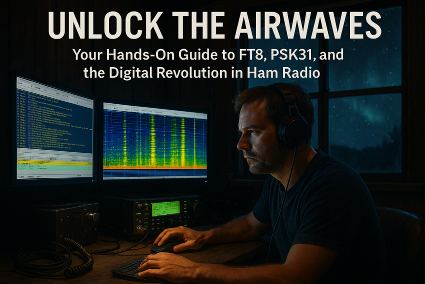 Ham radio operator in midnight shack running FT8 and PSK31 on multiple monitors under starry sky, with "Unlock the Airwaves" guide title glowing overhead.