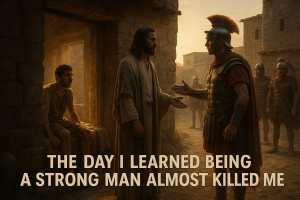 Roman centurion speaking to Jesus on a dusty Capernaum road while the servant inside the house rises healed, capturing a raw moment of pride, brokenness, and miraculous restoration.