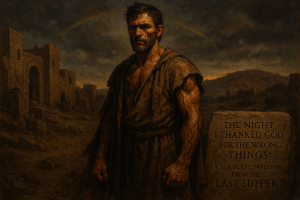 A rugged man stands alone in a twilight desert, surrounded by ancient stone ruins and a symbolic rainbow-shaped cloud, reflecting inner struggle and regret.