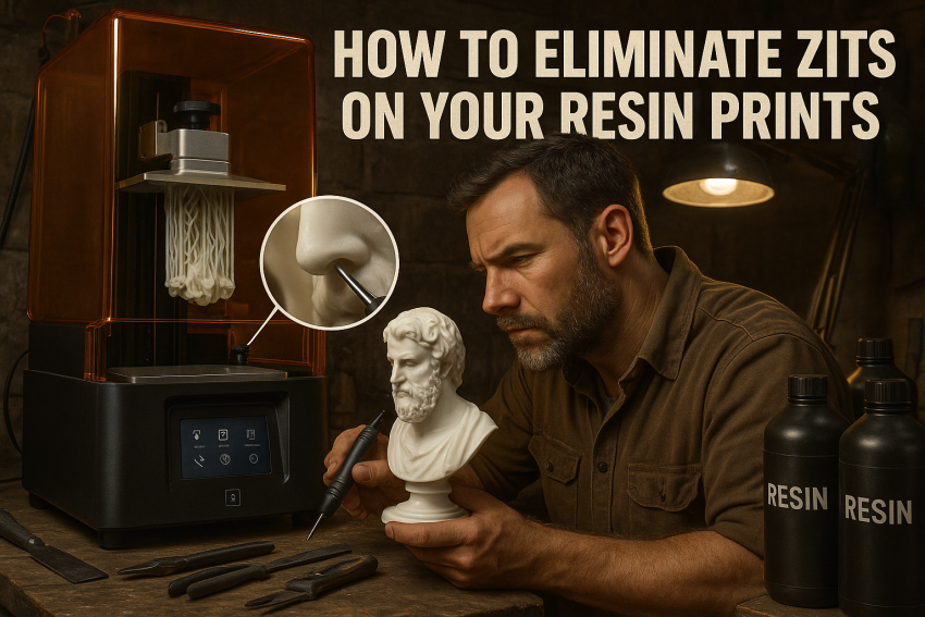 A high-detail resin 3D printing workshop with a male-focused setup, showing a resin printer producing a flawless, smooth model while tiny zits are minimized. Resin bottles, tools, and workshop lighting are visible, highlighting craftsmanship and expert resin printing techniques.
