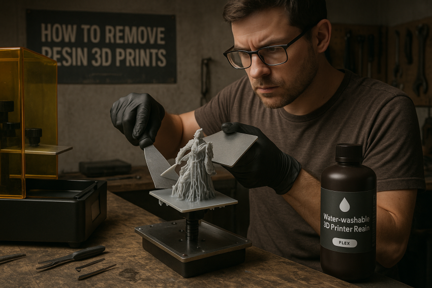 Male 3D printing enthusiast carefully removing a resin 3D print from a build plate in a workshop, wearing gloves and using a metal scraper, with resin vat, flex plate, and tools visible in the background.