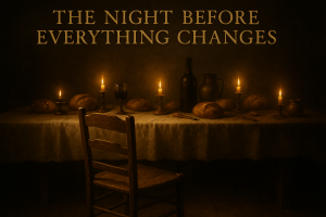 A candlelit wooden table set with bread and wine; one empty chair pulled slightly away, lit by warm golden light. Title overlay reads “The Night Before Everything Changes.”