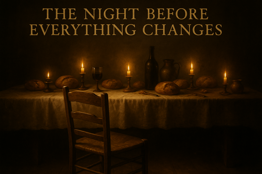 A candlelit wooden table set with bread and wine; one empty chair pulled slightly away, lit by warm golden light. Title overlay reads “The Night Before Everything Changes.”
