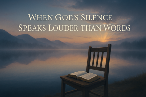 Peaceful lakeside scene at dawn with empty wooden chair and open Bible beside still water reflecting golden sky, with text "When God's Silence Speaks Louder Than Words"