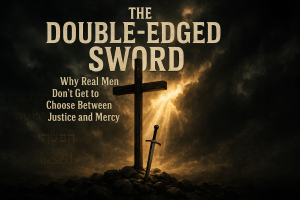 Dramatic image of a wooden cross backlit by stormy clouds and golden sunlight with a double-edged sword at its base, illustrating the biblical concept of justice and mercy meeting at the cross, with the title "The Double-Edged Sword: Why Real Men Don't Get to Choose Between Justice and Mercy"