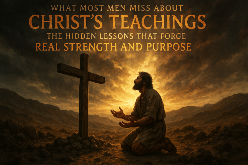 Rugged man kneeling at the base of a wooden cross under dawn light, symbolizing Christ’s call to surrender and true strength.