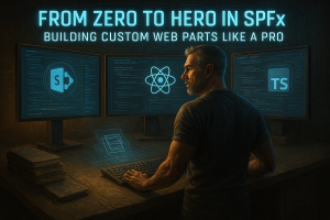 A dramatic digital illustration of a seasoned male programmer at a futuristic workstation, surrounded by glowing SPFx, React, and SharePoint code, with the title “From Zero to Hero in SPFx: Building Custom Web Parts Like a Pro” displayed across the top.