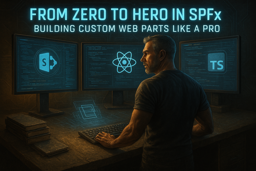 A dramatic digital illustration of a seasoned male programmer at a futuristic workstation, surrounded by glowing SPFx, React, and SharePoint code, with the title “From Zero to Hero in SPFx: Building Custom Web Parts Like a Pro” displayed across the top.
