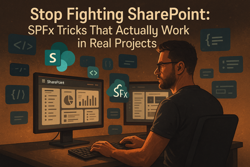 Illustration of a male web developer confidently working on modern SharePoint web parts, surrounded by floating SPFx code elements, with the title “Stop Fighting SharePoint: SPFx Tricks That Actually Work in Real Projects” displayed prominently.