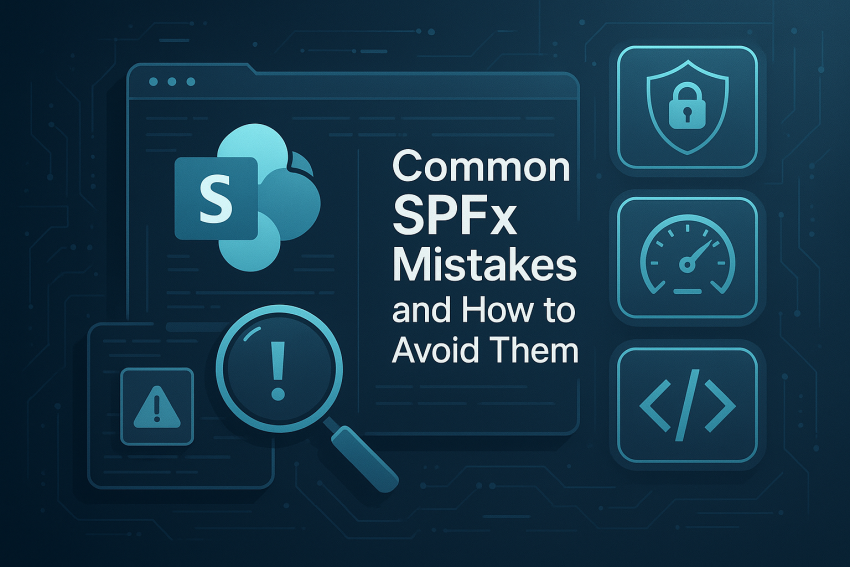 Illustration of SharePoint Framework development with icons representing security, performance, and code optimization, featuring the title 'Common SPFx Mistakes and How to Avoid Them'.