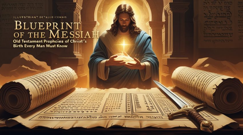 Illustration of an ancient scroll with Old Testament prophecies, faint images of Bethlehem, Isaiah, Micah, Zechariah, and a glowing newborn Christ at the center, with symbols of strength and divine planning.