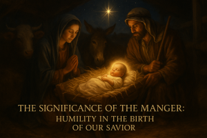 A realistic Nativity scene showing baby Jesus in a humble manger, Mary and Joseph beside Him, animals quietly surrounding, illuminated by the Bethlehem star. The wooden plaque near the manger displays the title: "The Significance of the Manger: Humility in the Birth of Our Savior."