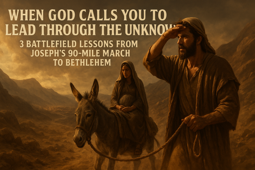 Joseph leading Mary on a donkey through desert terrain toward Bethlehem with blog title overlay about leadership lessons from their biblical journey