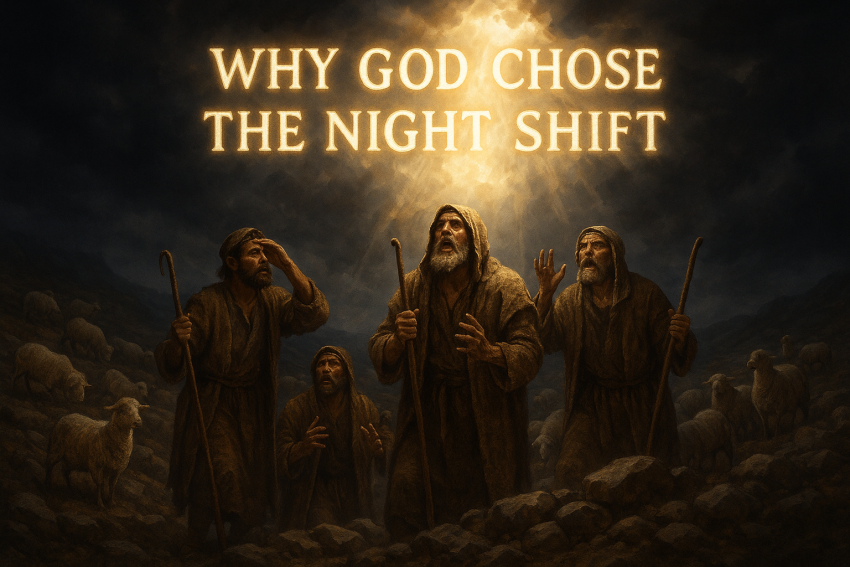 Shepherds in ancient clothing looking up at bright angelic light breaking through night clouds, with the title "Why God Chose the Night Shift" glowing in the heavens above them.