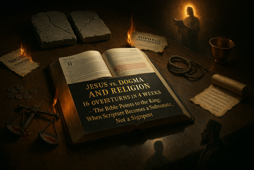 Open ESV Bible at Matthew 5 glowing red, full series title in gold foil, surrounded by broken tablets, burning divorce certificate, shattered scales, whip, scattered coins, stained cup, and John 5 scroll; man’s shocked reflection reveals inner Pharisee while risen Christ blazes in the shadows.