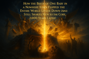 Dramatic illustration of the birth of Jesus in Bethlehem stable sending shockwave that topples Roman thrones and empowers modern men, with title “How the Birth of One Baby in a Nowhere Town Flipped the Entire World Upside Down
