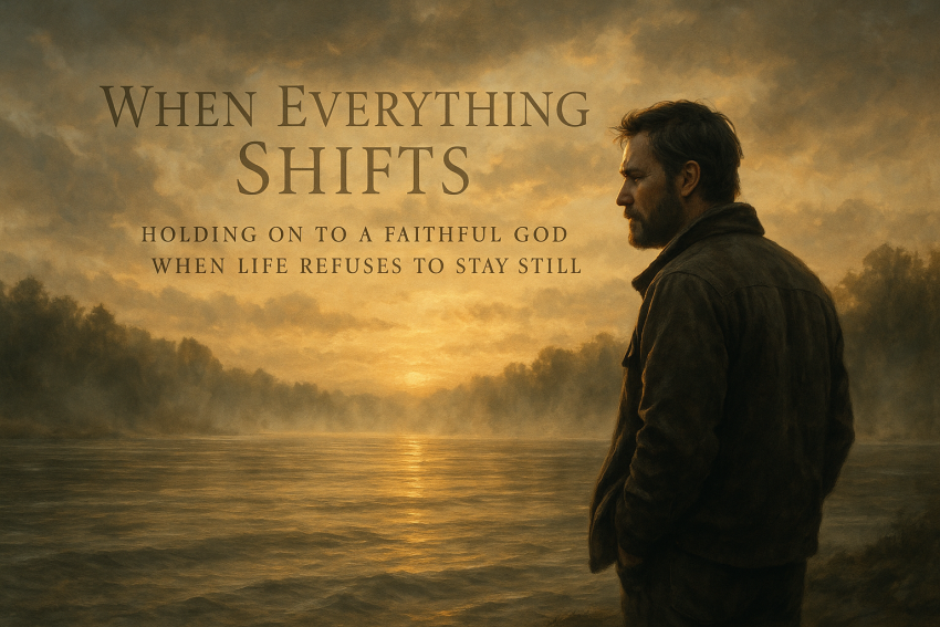 A rugged man stands at a misty riverbank at sunrise, symbolizing God’s faithful presence in the midst of life’s changing seasons.