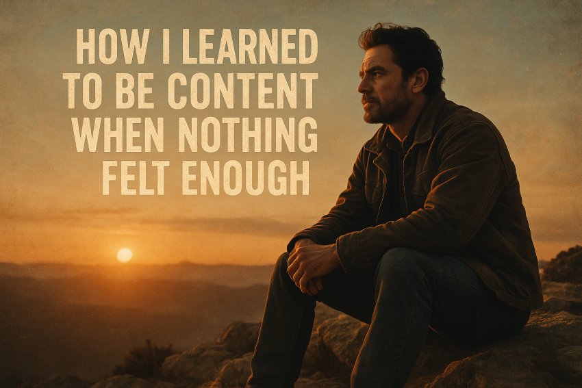 A contemplative man sits alone at sunrise on rocky terrain, reflecting on contentment and strength in Christ, with the devotional title displayed in the sky.