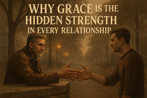 Man extending hand to another across a small divide, symbolizing grace and reconciliation, with the title “Why Grace is the Hidden Strength in Every Relationship” visible.