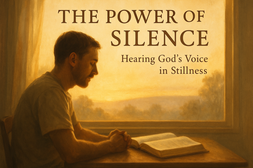 A man sitting quietly at dawn with an open Bible, bathed in warm light, reflecting the theme “The Power of Silence: Hearing God’s Voice in Stillness.”
