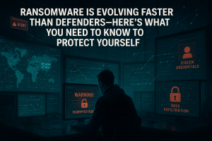 A cybersecurity analyst studies glowing monitors in a dark operations room, reviewing ransomware alerts, lateral movement paths, and encrypted file warnings during a modern cyberattack.