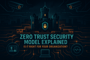 Digital fortress representing Zero Trust security with layered network defenses, identity verification, and endpoint monitoring, symbolizing proactive cybersecurity.