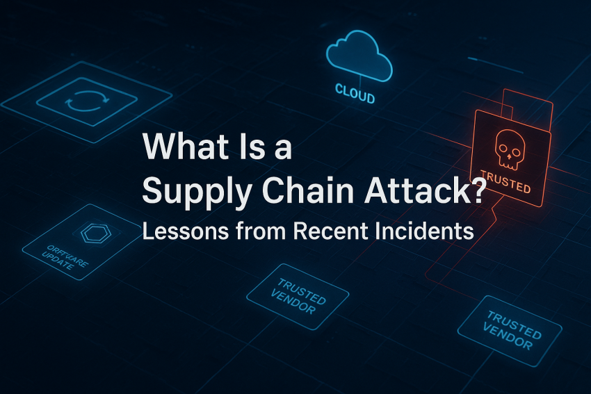 Illustration of a digital network under attack, highlighting compromised vendors and software updates, titled “What Is a Supply Chain Attack? Lessons from Recent Incidents.”