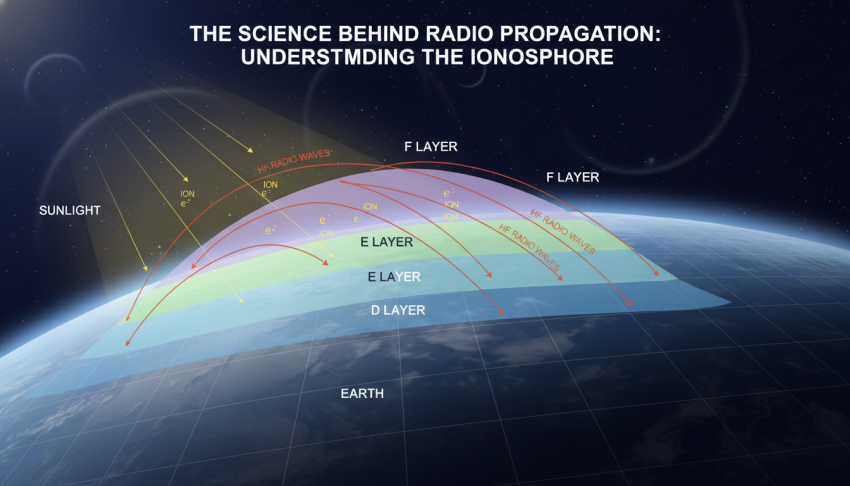 Illustration showing Earth with layered ionosphere, radio waves bending back to Earth, and solar radiation ionizing the atmosphere.