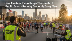 Amateur radio operator in yellow vest providing communications at the starting line of the Chicago Marathon at sunrise, with downtown skyline and the title “How Amateur Radio Keeps Thousands of Public Events Running Smoothly Every Year” overlaid.