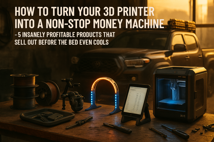 AI-generated cinematic garage scene: 3D-printed overland Maxtrax mounts on a Tacoma, EDC dump tray with knife & wallet, carbon-fiber mechanic third-hand, FPV racing gate, and rugged tablet stand on a workbench with Bambu printer glowing. Profitable 3D prints 2025.