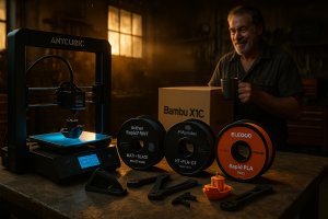 AI-generated cinematic garage scene: Anycubic Mega Pro printing beside three 2025 game-changing filaments – Aether RapidPrint PA6 CF10 ABX, Polymaker HT-PLA-GF, Elegoo Rapid PLA Plus – with tough printed parts and a new Bambu box in the background. No sponsorships. #3DPrinting