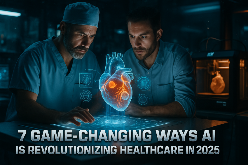 Surgeon and engineer analyze glowing holographic heart with AI diagnostics while a high-speed 3D printer builds an anatomical model behind them. Text overlay: “7 Game-Changing Ways AI is Revolutionizing Healthcare in 2025”