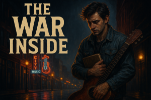 Young male musician stands alone on a dimly lit Nashville street at night, holding a worn guitar and a notebook, looking contemplative and hopeful. Neon city lights glow softly around him. The image conveys internal struggle, pride, and redemption, with the story title I Drew the Line Again Tonight.