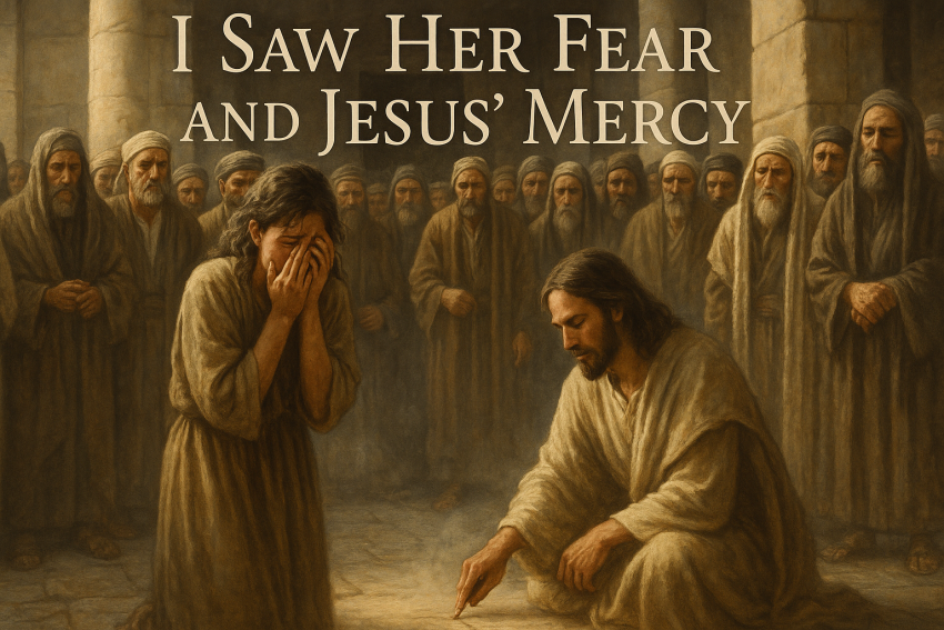 A woman caught in adultery stands trembling in a temple courtyard as Jesus writes in the dust, surrounded by a crowd of judgmental men. Expressions show fear, shame, and reflection; soft sunlight illuminates the tense, dramatic scene.