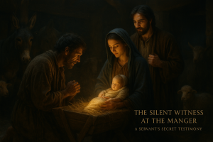 A humble servant kneels in awe beside the manger as Mary holds baby Jesus in a dimly lit stable, with Joseph and animals nearby, witnessing the Nativity.