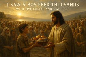 Nathaniel, a young boy in first-century Galilee, offers five loaves and two fish to Jesus, feeding a crowd of thousands by the shore.