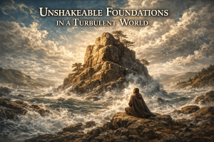 A person standing near a strong rocky foundation amidst turbulent waters and wind