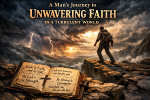 A man stands resolute against a turbulent stormy sky