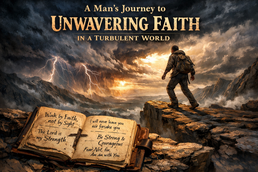 A man stands resolute against a turbulent stormy sky