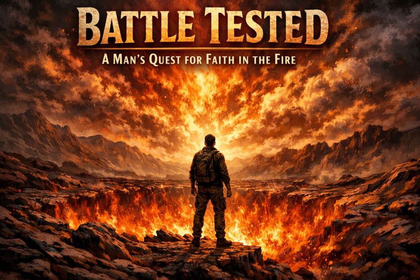 A man in a desert landscape with flames and fire in the background