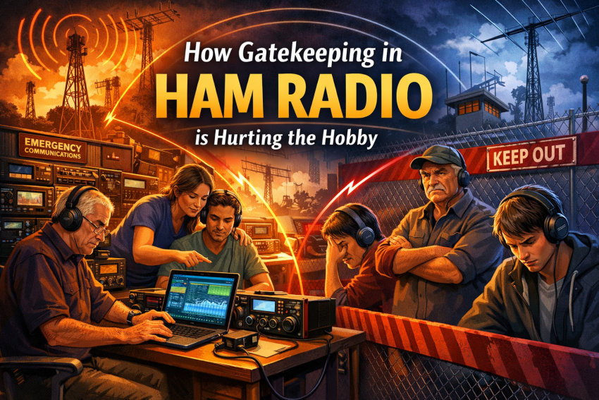 Illustration showing ham radio operators using analog and digital equipment, with some operators excluded and others collaborating, emphasizing mentorship, inclusion, and modern technology.