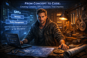 Illustration of a software engineer building a complex SharePoint Framework solution, blending code architecture with craftsmanship tools to represent professional SPFx development from concept to production.