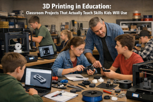 Students working in a classroom makerspace using 3D printers, CAD software, and measurement tools to build functional projects that teach real-world engineering and problem-solving skills.