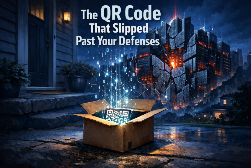 An unmarked package on a doorstep with a glowing QR code transforming into digital network lines and servers, symbolizing social engineering attacks that bypass cybersecurity defenses.