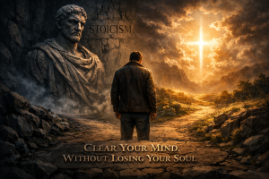 Man standing between Stoic rigidity and warm spiritual light, representing the contrast between self-mastery and faith-based peace.