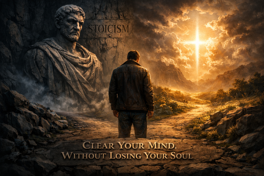 Man standing between Stoic rigidity and warm spiritual light, representing the contrast between self-mastery and faith-based peace.