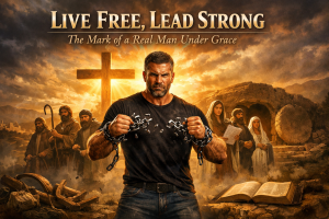 A strong man breaking free from chains under a glowing cross, surrounded by diverse biblical figures like shepherds and women, symbolizing grace and freedom for men in "Live Free, Lead Strong: The Mark of a Real Man Under Grace."